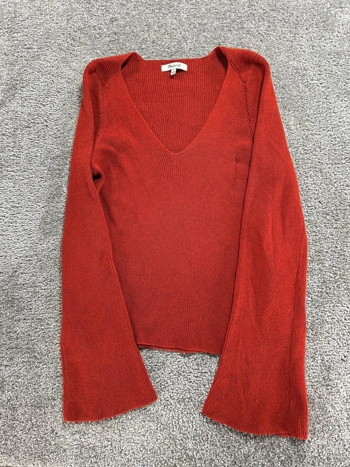 Suéter Madewell Mujer Medio Rojo Algodón Tejido Calce Ajustado Manga Acampanada Cuello en V Foto 2 de 4