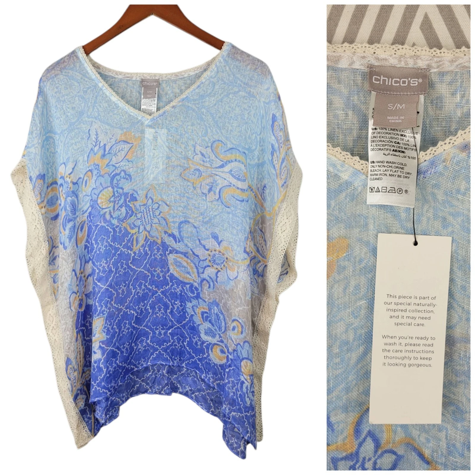 NEW Chico’s 100% Linen Sz Small Medium Blue Beach Floral Poncho Tunic Top Chicos