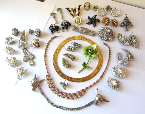 LOT Vintage 1960s Estate COSTUME JEWELRY Rhinestones Earrings ENAMEL FLOWER