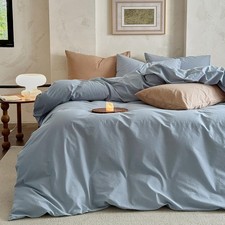 100 Washed Cotton Duvet Cover Queen   Linen Like Textured Soft Bedding Set, ...