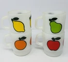 Vintage Fire King AH Set of 4 Milk Glass Fruit Mugs Orange Pear Apple Lemon