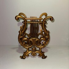 Vintage MCM Cast Iron Gold Figural Lyre Harp Sheet Music Stand Magazine Rack