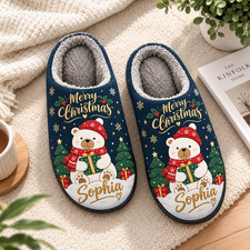 Personalized Christmas Polar Bear Slippers Navy Blue Warm Holiday House Shoes