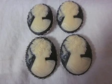 4 Large Black cream embossed cameo cabochon oval shank buttons