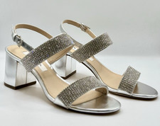 NINA Womens Silver Rhinestone Naomi Almond Toe Block Heel Slingback Sandals 6.5M