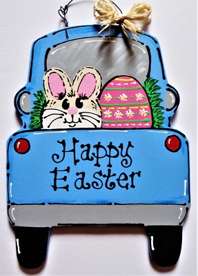 Happy Easter VINTAGE Style TRUCK WALL ART Sign Door Hanger Plaque Rabbit Decor