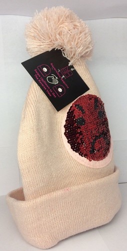 Reversible Sequins No Boundaries Cap Knit Warm Winter Hat PINK Cute Smile Frown - Picture 5 of 9