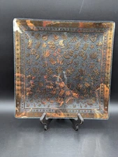 VTG MCM Georges Briard Glass Tray 12"x12" Plate Persian Garden 22k Gold Signed