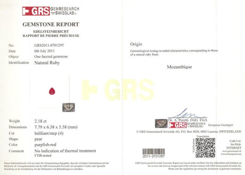 GRS Certified MOZAMBIQUE Ruby 2.18 Cts Natural Untreated Fiery Purplish Red Pear - Picture 5 of 5