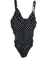 Athena 1 Piece Swimsuit Sz 12 Gold Hardware Flattering Ruffle Black Dot