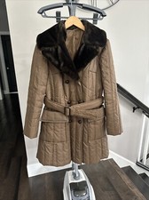 Vintage Mar Fay Womens Quilted Belted Puffer Trench Coat Sz Small Brown Fure