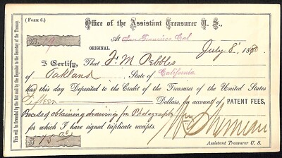 1880 San Francisco Treasurer Patent Fee Receipt J.M. Pebbles Photography Related