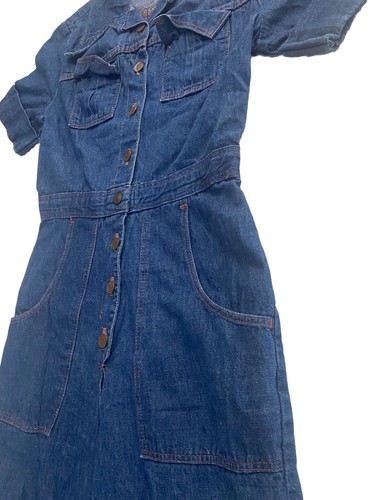 Vintage 1970s Navy Blue Denim Jumpsuit Women’s 9/10 Wide Leg Jean Button Front - Picture 3 of 13