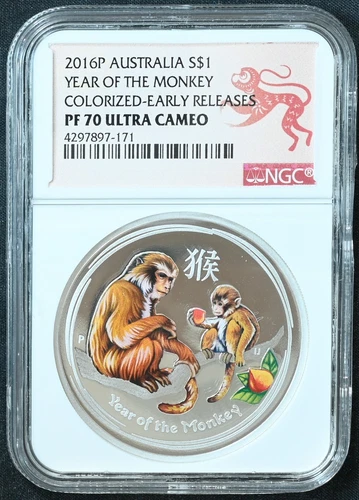 2016 Australia Lunar Year of the Monkey 1oz Silver Colorized Coin NGC PF70 ER UC