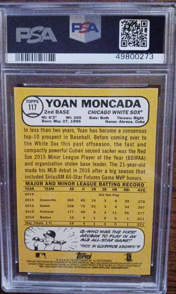 2017 Topps Heritage Yoan Moncada Image Variation RC PSA 10 #117 White Sox  - Image 2 of 2