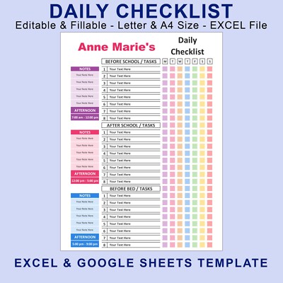 EXCEL - Microsoft (MS) Template: Daily Checklist Planner. To Do List Template.