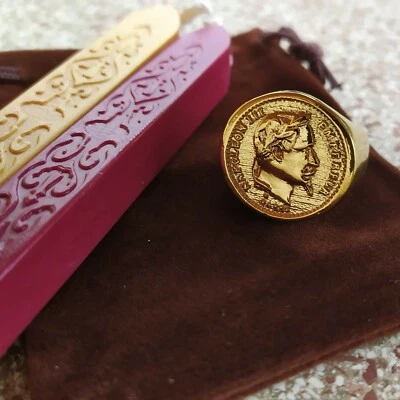 Bague Chevalière Napoléon III 20 Francs Dorée Or Fin +Lot Cire à cacheter offert - Photo 1/4