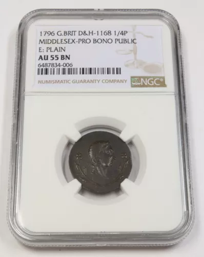 1796 NGC AU55 BN | GREAT BRITAIN - MIDDLESEX-PRO BONO 1/4 Pence Coin #41370A