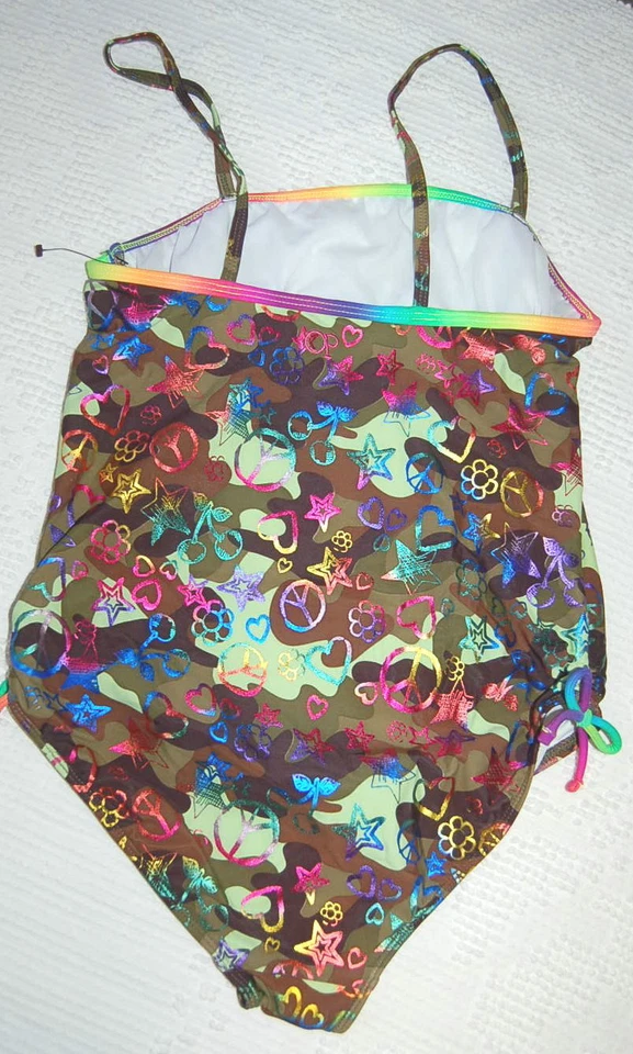 GIRLS Ocean Pacific 1 Pc SWIMSUIT XL 14-16 NEON Camouflage Rainbow PEACE Hearts - Image 2 of 3