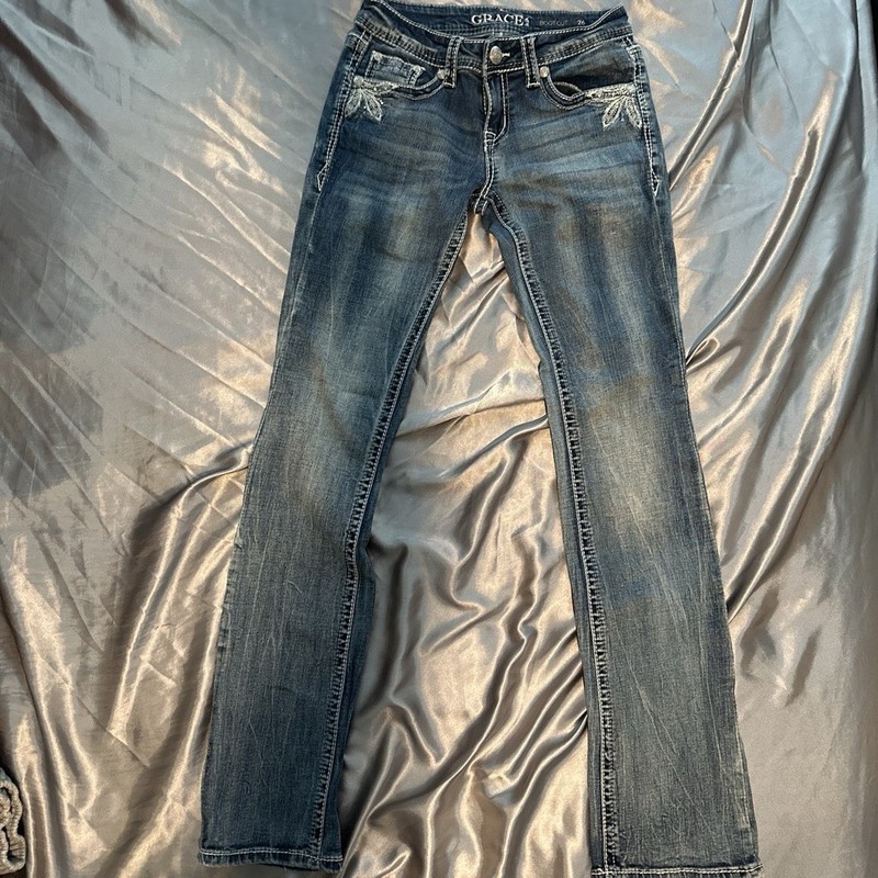 Grace Women's Bootcut Blue Medium Wash Denim Jeans Embroidered 5-Pocket
