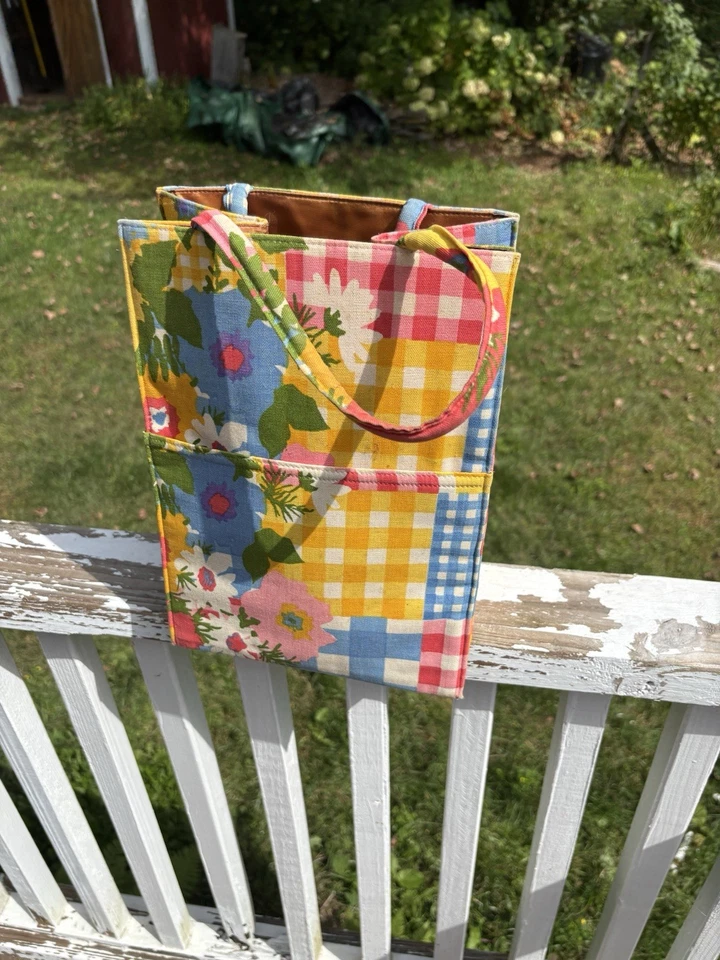 Bolsa Tote Margaret Smith Vintage Gardiner ME Bolsa de Tricô Agulha Patchwork - Imagem 3 de 4