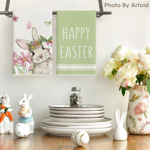 Green Bunny Rabbit Eggs Floral Happy Easter Kitchen Towels Dish Towels, 18x26 - Picture 3 of 7