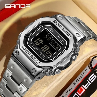 SANDA Herren Uhr Digital Edelstahl 44mm 5Bar LED Sport Alarm Stoßfest Geschenk