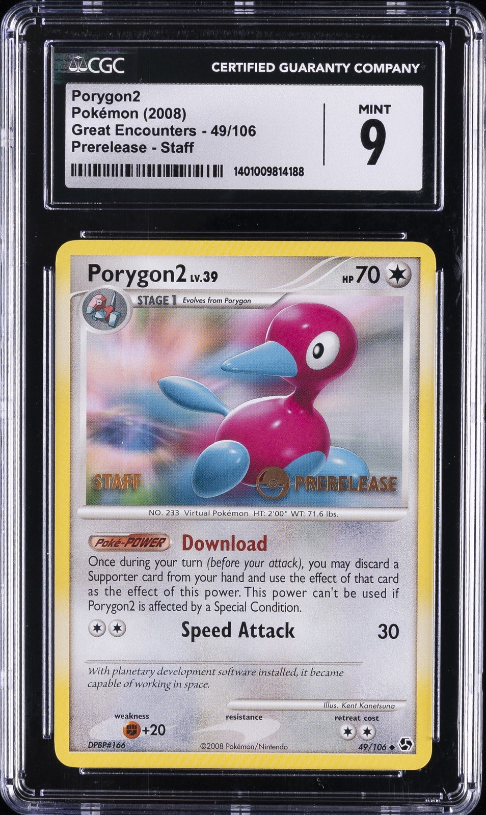 2008 POKEMON GREAT ENCOUNTERS - PRERELEASE - STAFF #49/106 PORYGON2 CGC 9
