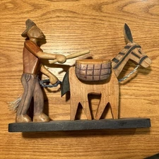 Haitian Hand Carved Wooden Donkey With Farmer Man 10.25” Tall 11.5” Long Haiti