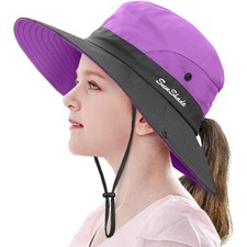 Kids Ponytail Sun Hat Wide Brim UV Protection for Girls Beach Bucket Cap