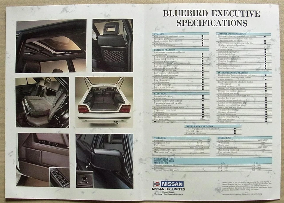 NISSAN Bluebird Executive LF Car Sales Brochure c1986 - Image 3 of 3