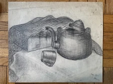 Vintage 1940s Drawing Still Life Kitchen Food Kettle Signed 16 x 14 E. Krasner