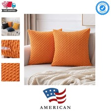 Orange Throw Pillow Covers Soft Corduroy Decorative Set of 2 Boho Striped Pil...