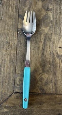 Vtg MCM Maynard Serving Fork Teal/Turquoise Handle Kitchen Utensil 12''