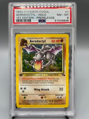 1999 Pokemon Fossil #1 Aerodactyl 1st Edition Holo Card PSA 8 NM