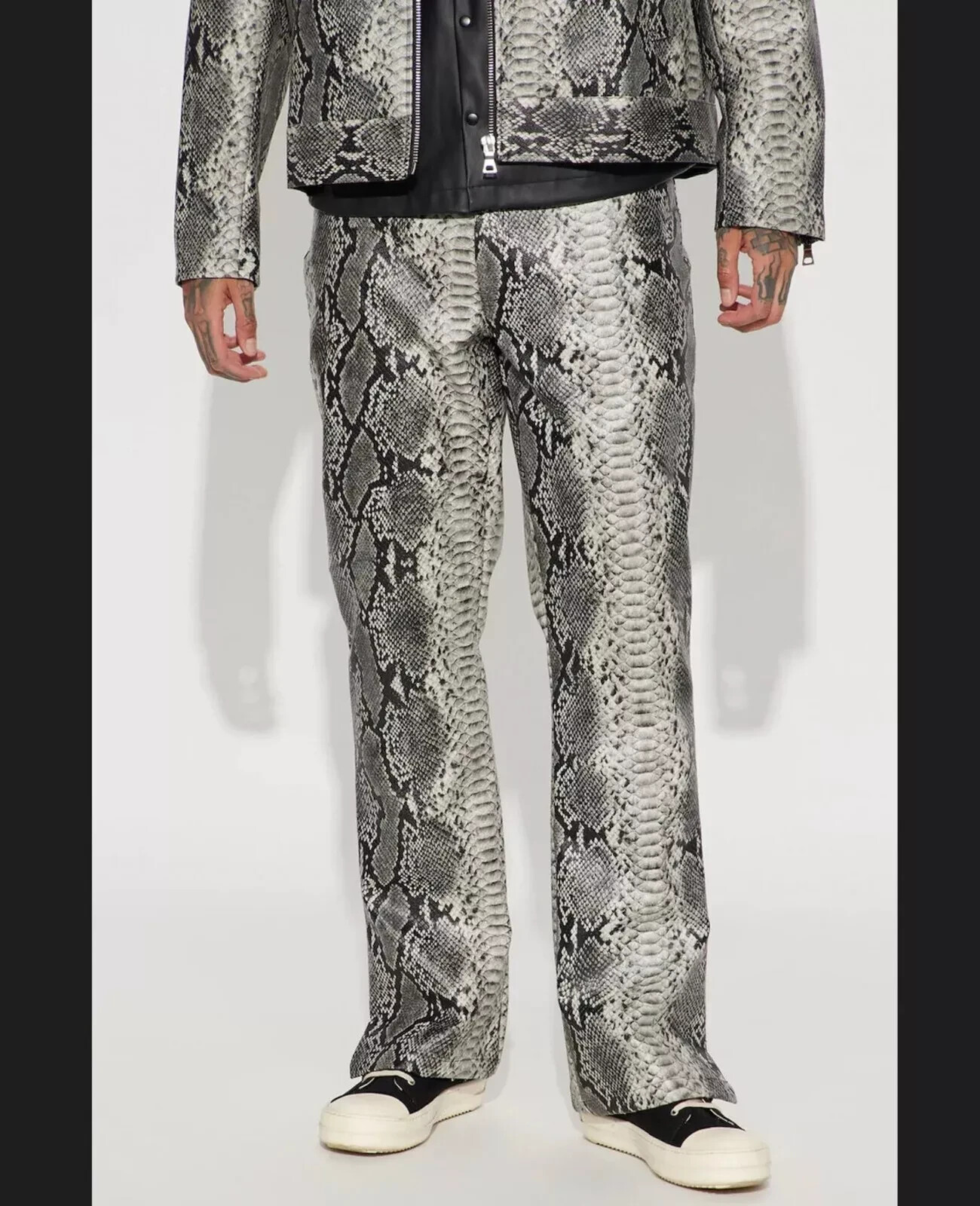 Men's Gray Python Print Leather Pants in Soft Lamb Leather