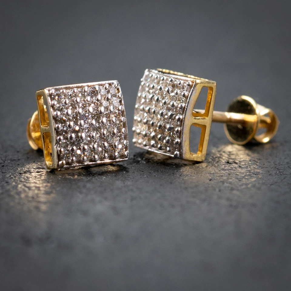 Aretes cuadrados 3D micro pavé de diamantes naturales reales de oro amarillo de 10K para hombre Foto 3 de 4