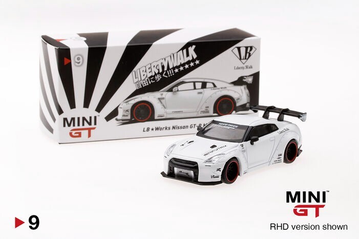 MINI GT 9 LBWK Nissan GT-R (R35) Matte White Type 1, Rear Wing Ver 1 RHD