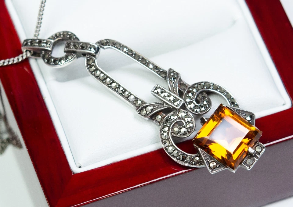 935 Argento - Antico Grande Art Deco Rimorchio - Citrino E Markasite - Immagine 3 di 4