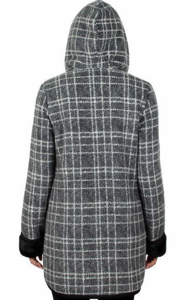 Jaqueta Ike Behar Feminina Forrada de Pelúcia com Capuz, Xadrez de Carvão, Pequena - Imagem 4 de 4