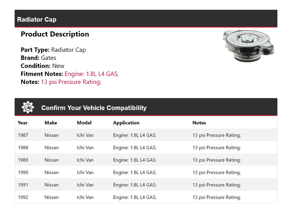 Para Nissan Ichi Van 1987-1992 1.8L L4 Gas Tapa Radiador Puertas 1988 1989 1990 1991 Foto 2 de 4