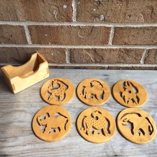 Hand Cut WOODEN COASTERS Cutout WILD AFRICAN ANIMALS, SET OF 6 With Holder