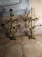 2 anciens chandeliers bronze bougeoirs église blé vigne fleur de lys h: 68cm *