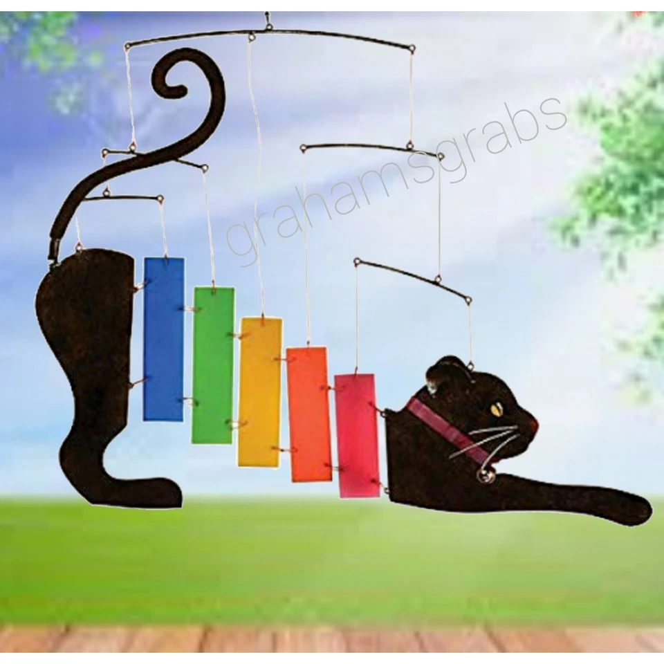 CUT GLASS RAINBOW KITTY CAT MOBILE CHIME OUTDOOR DECOR GEBLUEG482 BLUE HANDWORKS - Image 1 of 3