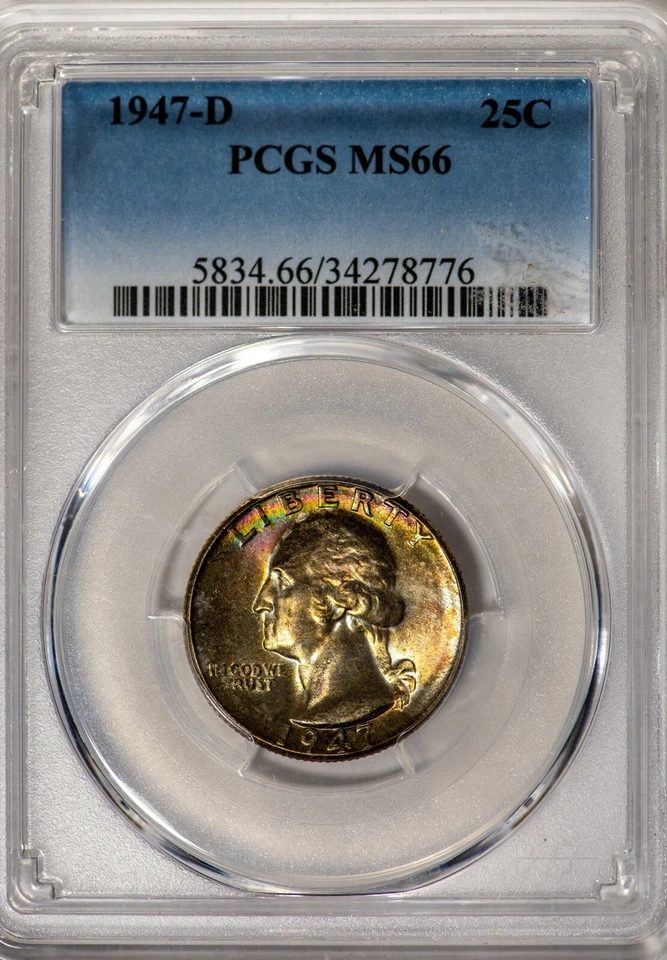 1947-D 25C Washington Quarter PCGS MS66 Rainbow Rim-Toned Gem! - Image 4 of 4