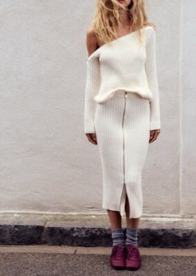 Zara Co Ord Set Chenille High Waist Midi Skirt With Zip Jumper M