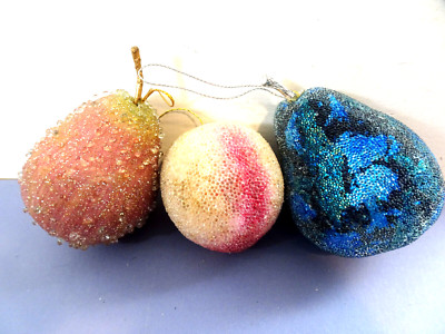 3 Sugared FRUIT ORNAMENTS Christmas Home Holiday Decor Pears/Peach