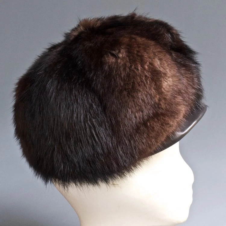 Chapéu de pele de vison vintage anos 60 anos 70 Frederick Fox Mitzi Lorenz Mod aba alta couro cabbie - Imagem 4 de 4