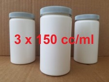 Lot of 3 Empty White Pill Bottle 150 ml/cc Table Capsule Container w/ Screw Lid