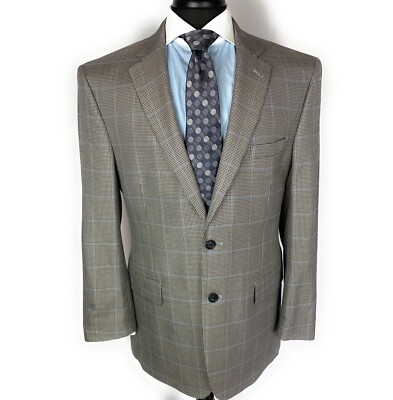 Jos A Bank Mens Silver Brown Sport Blazer Window Pane Silk Blend 42R